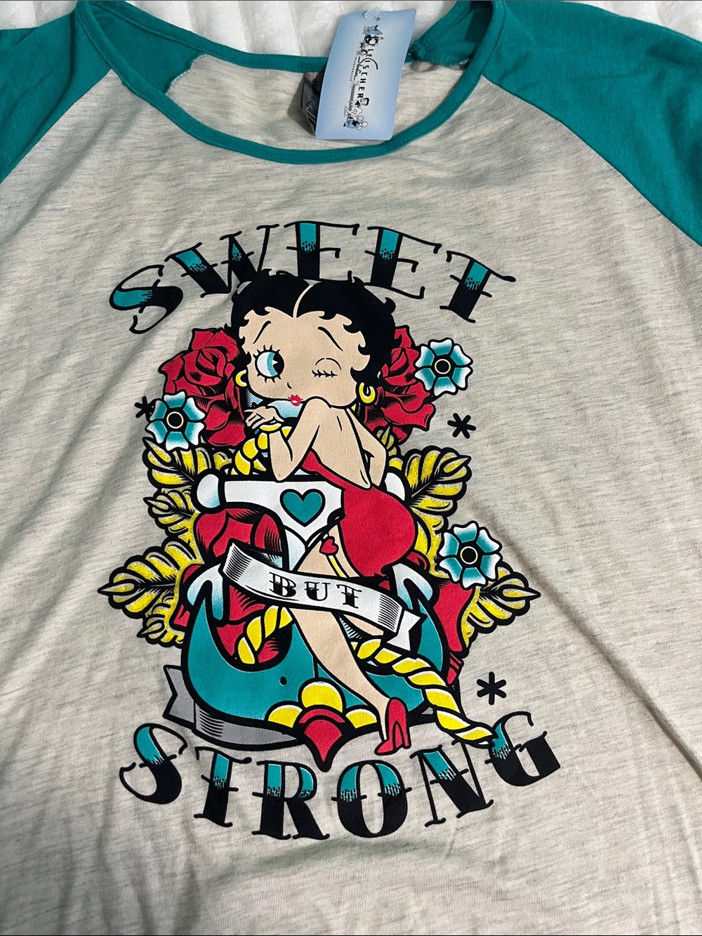 Betty Boop Teal & Cream Raglan Long Sleeve "Sweet But Strong" Graphic Tee